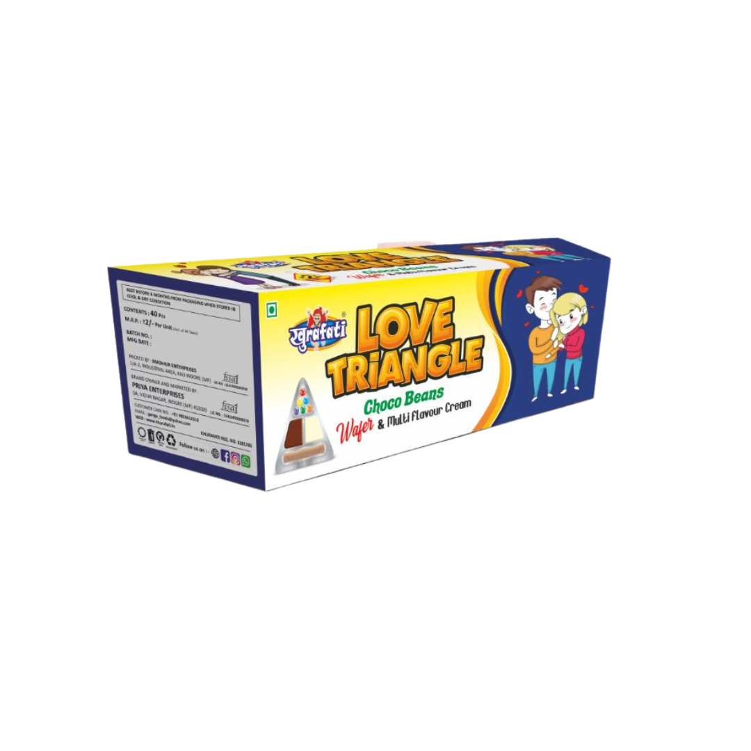 Love Triangle Choco Beans by Khurafati, colorful chocolate-filled candy in a fun triangular pack