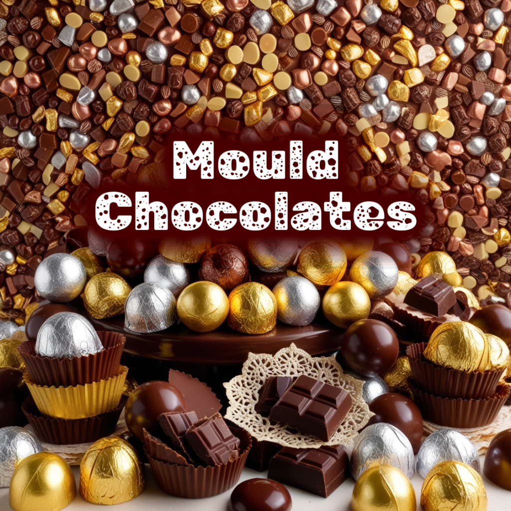 Mould Chocolates, beautifully shaped chocolates made with rich cocoa and creative designs.