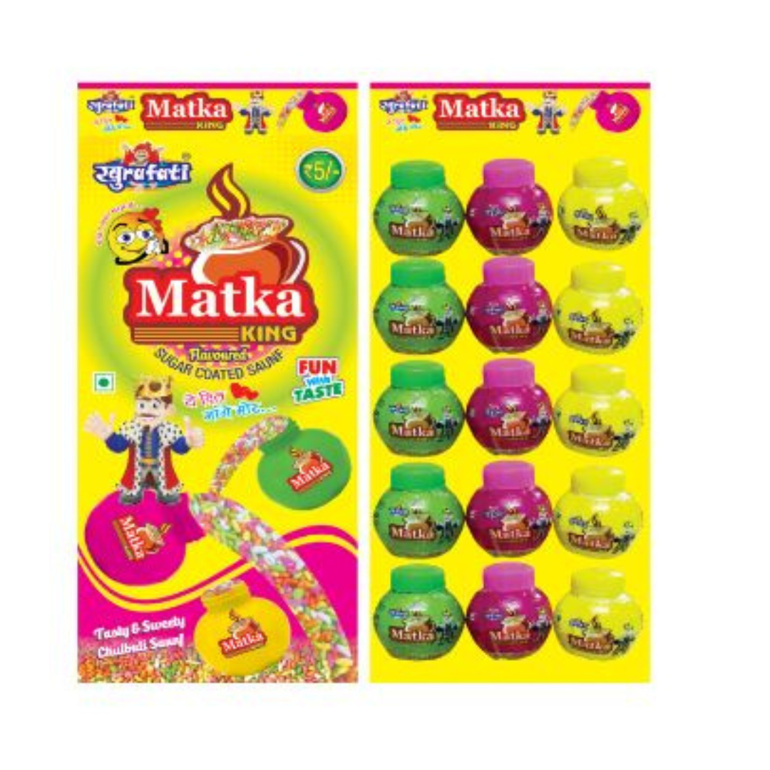 Matka King, sugar-coated fennel seeds (saunf) in vibrant colors, perfect for a refreshing after-meal treat.