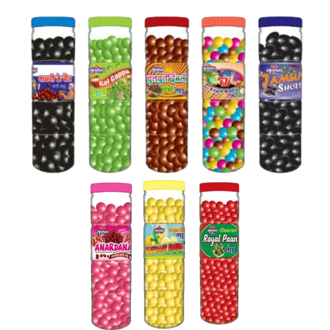 Small Goli Bottle filled with colorful mini candy balls, offering a burst of sweetness in every bite.